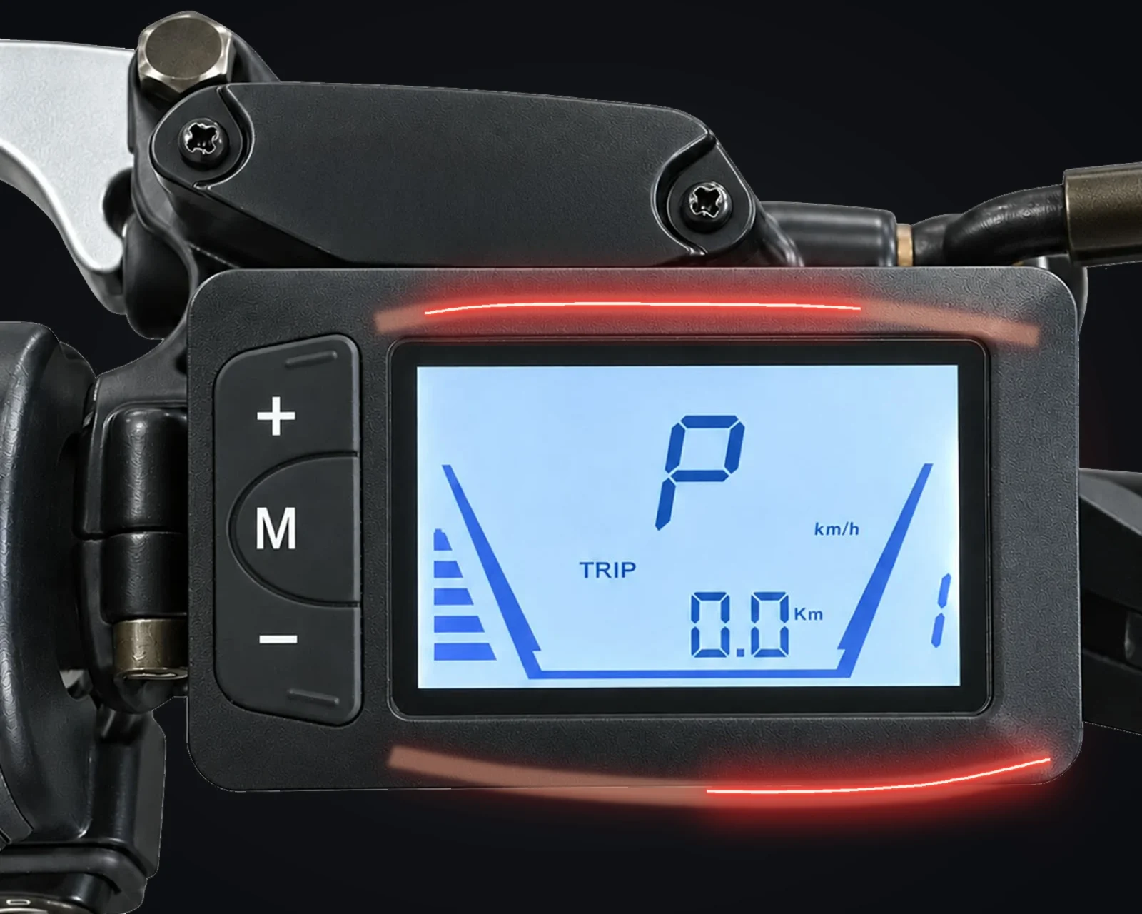 Ridge display, buttons and brake lever with illustrative light effects.